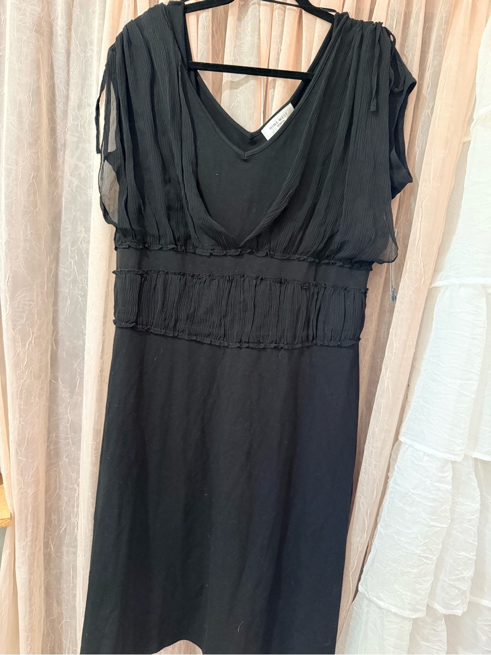 NWT Nine West Black V-Neck Dress with Pleated Overlay
